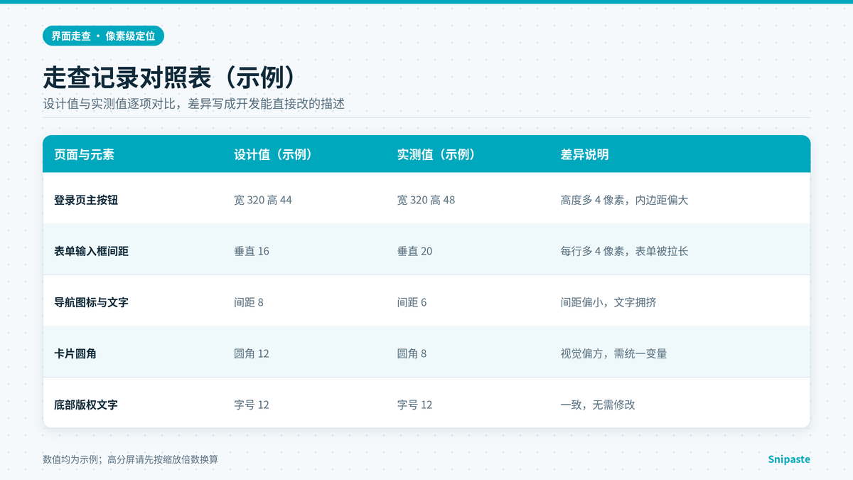 Snipaste 像素级定位走查记录对照表示意：设计值与实测值差异
