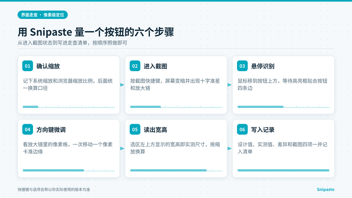 Snipaste 截图软件界面走查六个步骤示意：自动识别按钮边界、方向键微调与记录宽高