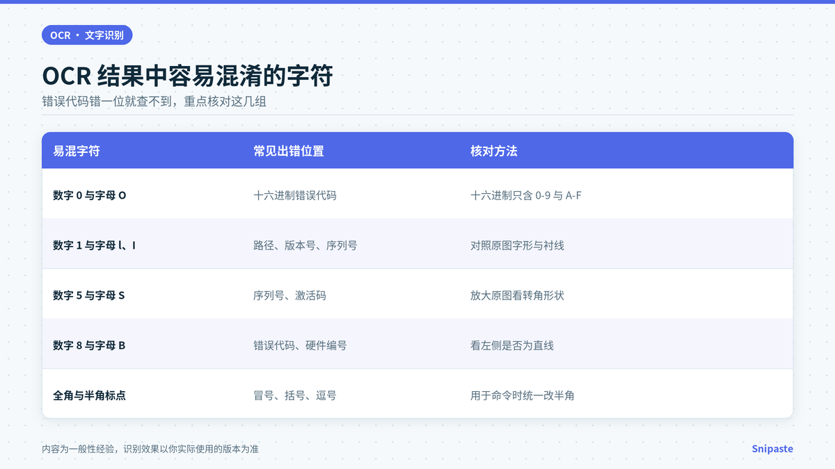 Snipaste OCR 识别结果中容易混淆的字符与核对方法对照表示意