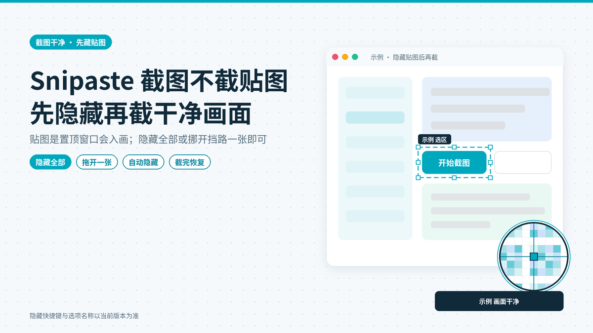 Snipaste截图时桌面上的贴图也被截进去：先隐藏贴图再截图的几种做法
