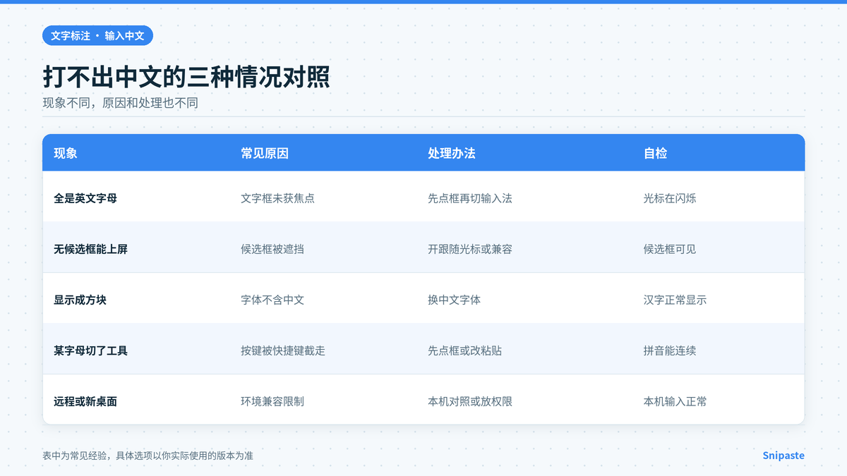 Snipaste文字标注打不出中文的三种情况对照